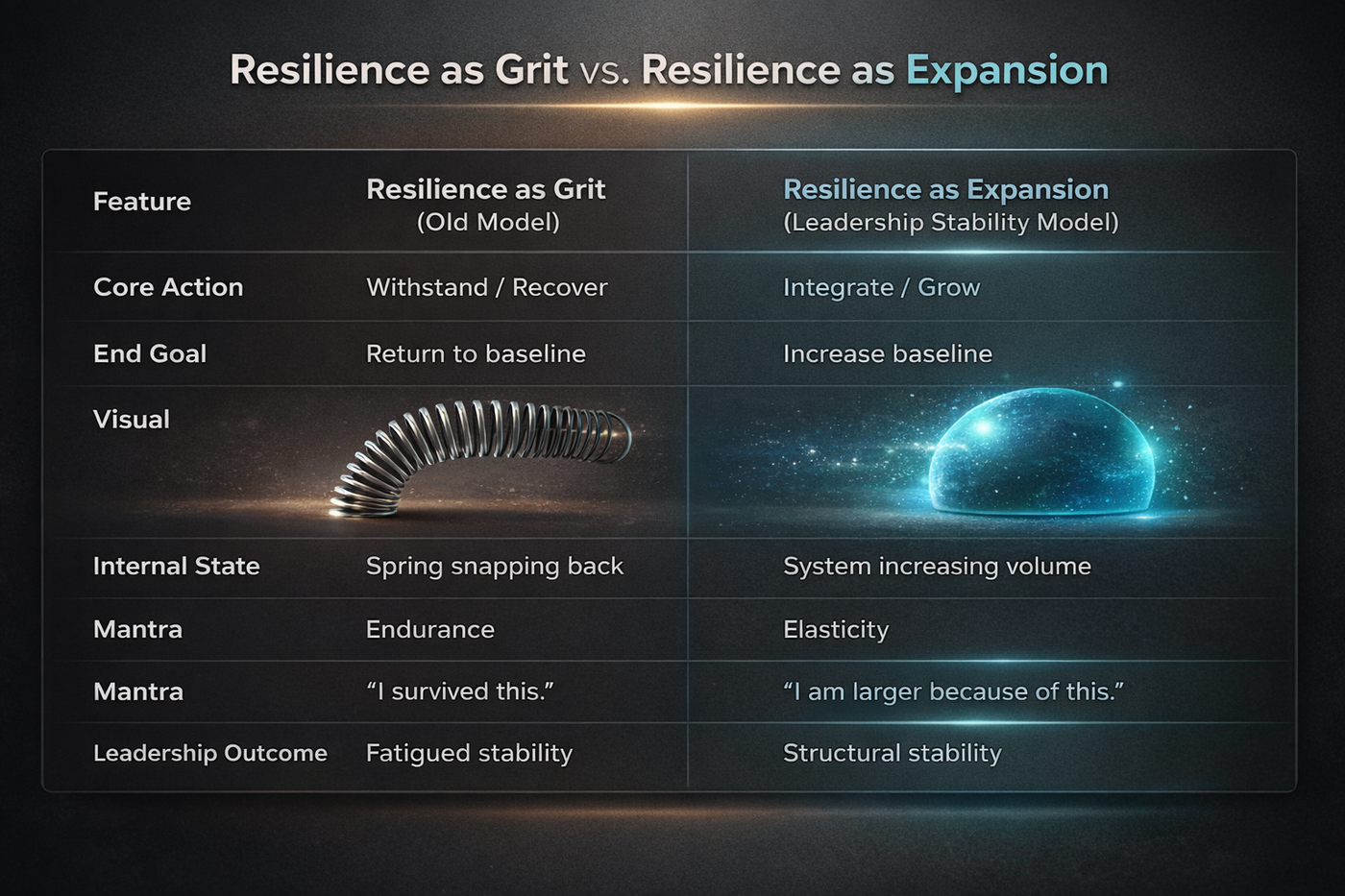 Resilience as Grit vs. Resilience as Expansion — comparison table showing how grit endures while expansion evolves